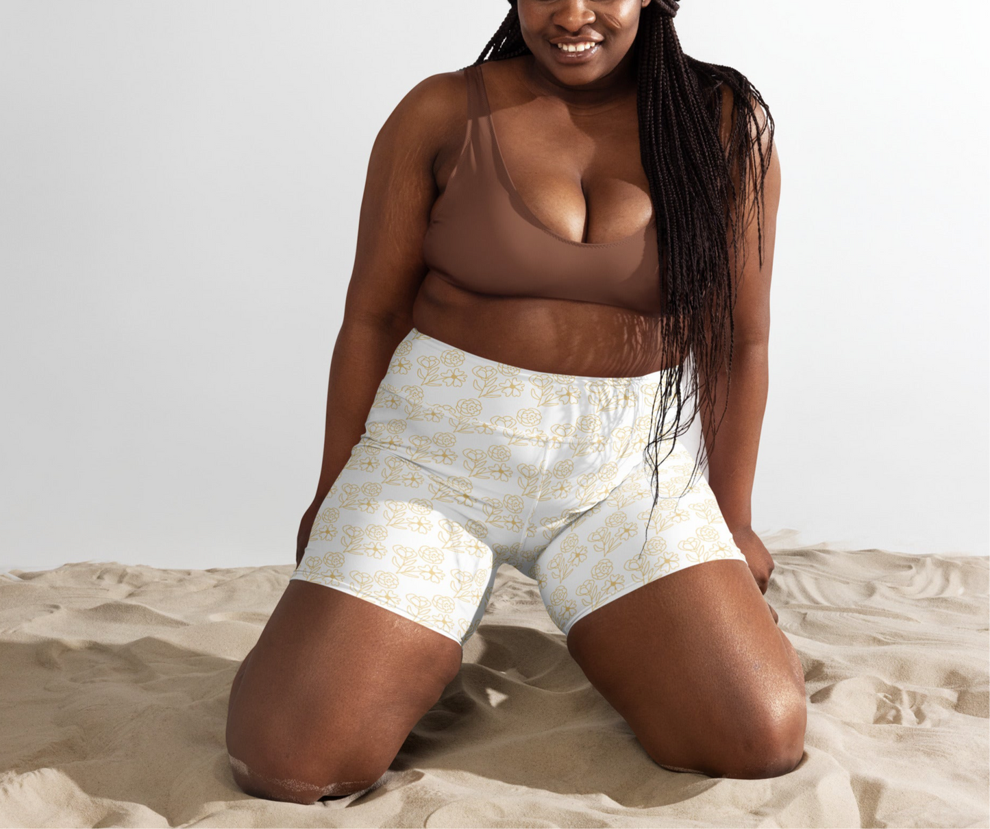 Biker Swim Shorts - White/Soft Floral print